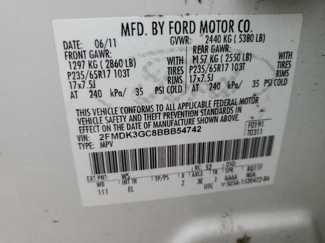 2FMDK3GC8BBB54742 - 2011 FORD EDGE SE WHITE photo 12