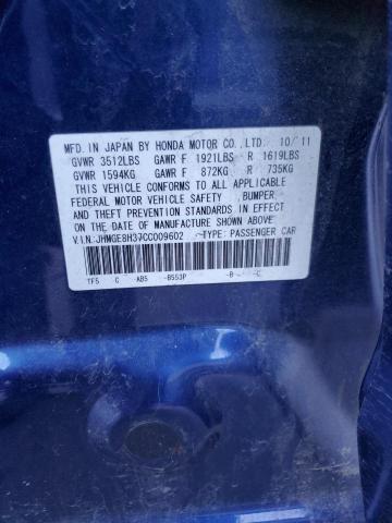 JHMGE8H37CC009602 - 2012 HONDA FIT BLUE photo 12