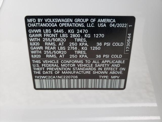 1V2WC2CA1NC220706 - 2022 VOLKSWAGEN ATLAS CROS SE WHITE photo 13