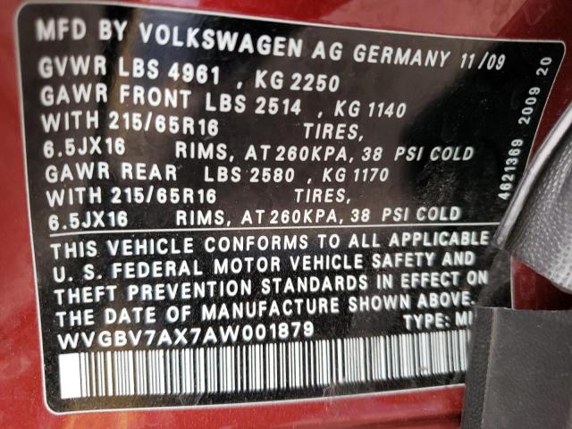 WVGBV7AX7AW001879 - 2010 VOLKSWAGEN TIGUAN SE RED photo 13