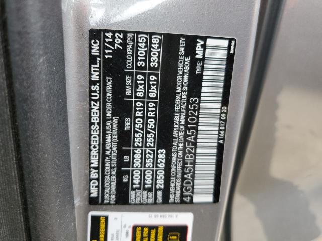 4JGDA5HB2FA510253 - 2015 MERCEDES-BENZ ML 350 4MATIC GRAY photo 13