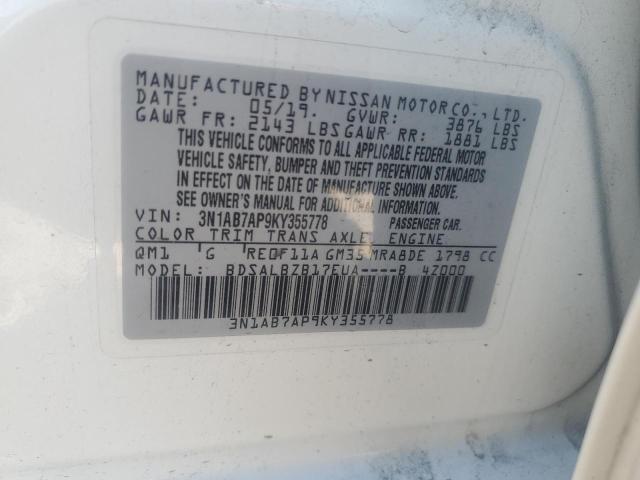 3N1AB7AP9KY355778 - 2019 NISSAN SENTRA S WHITE photo 12