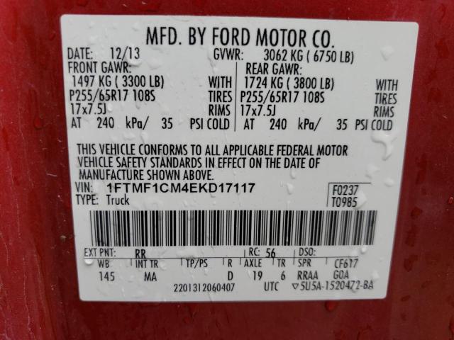 1FTMF1CM4EKD17117 - 2014 FORD F150 MAROON photo 12