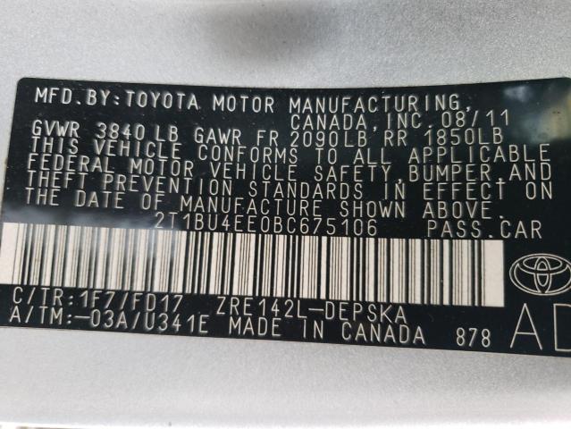 2T1BU4EE0BC675106 - 2011 TOYOTA COROLLA BASE SILVER photo 12