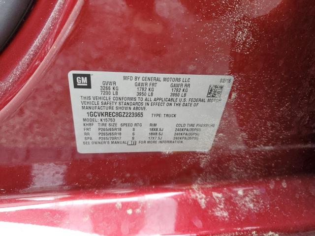 1GCVKREC8GZ223965 - 2016 CHEVROLET SILVERADO K1500 LT RED photo 12