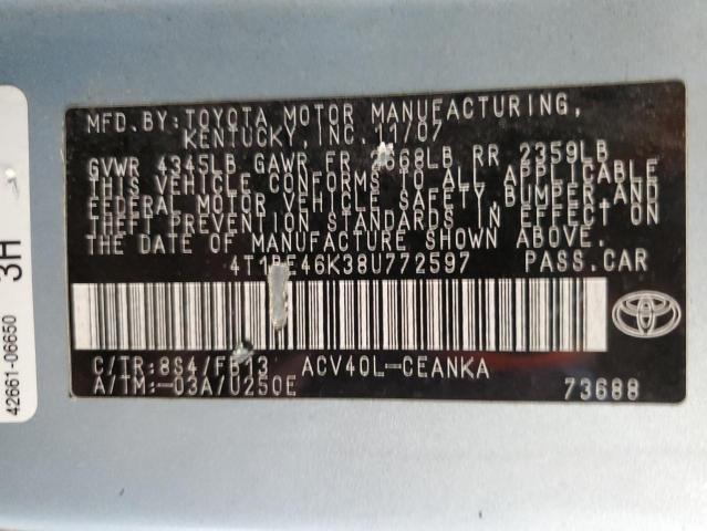 4T1BE46K38U772597 - 2008 TOYOTA CAMRY CE TURQUOISE photo 12