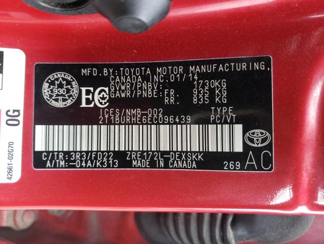 2T1BURHE6EC096439 - 2014 TOYOTA COROLLA L RED photo 12