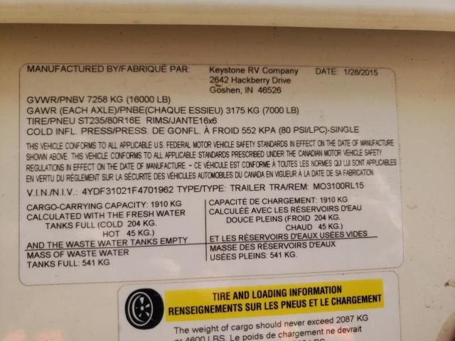 4YDF31021F4701962 - 2015 KEYSTONE MONTANA WHITE photo 10