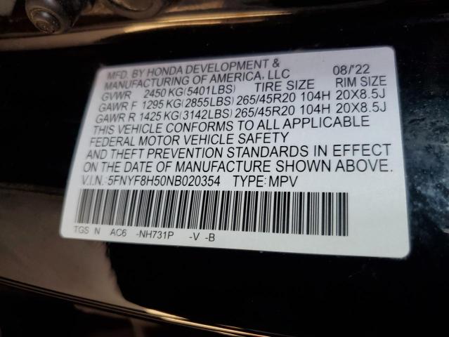 5FNYF8H50NB020354 - 2022 HONDA PASSPORT EXL BLACK photo 14