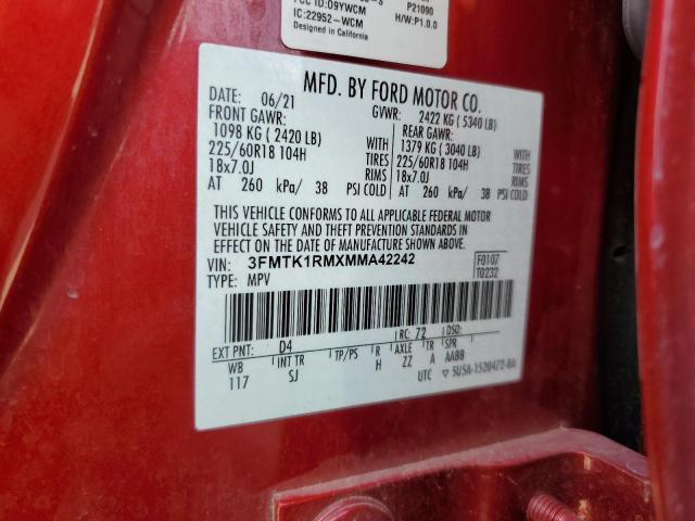 3FMTK1RMXMMA42242 - 2021 FORD MUSTANG MA SELECT RED photo 12