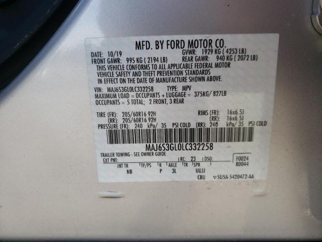 MAJ6S3GL0LC332258 - 2020 FORD ECOSPORT SE SILVER photo 12