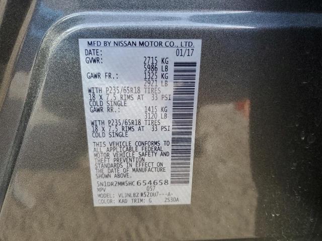 5N1DR2MM5HC654658 - 2017 NISSAN PATHFINDER S GRAY photo 12