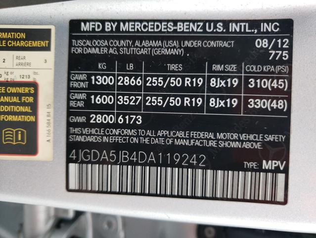 4JGDA5JB4DA119242 - 2013 MERCEDES-BENZ ML 350 SILVER photo 12