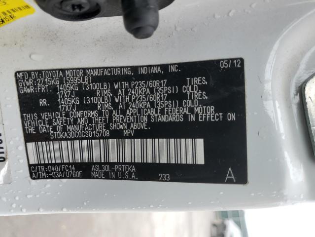 5TDKA3DC0CS015708 - 2012 TOYOTA SIENNA BASE WHITE photo 13