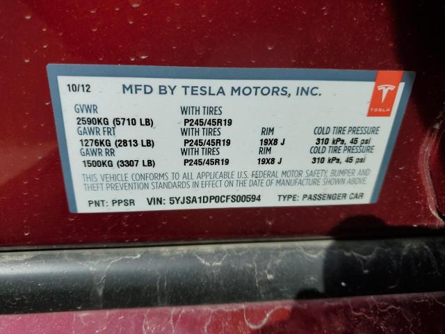 5YJSA1DP0CFS00594 - 2012 TESLA MODEL S Կարմիր լուսանկար 12
