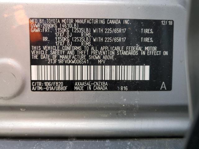 2T3F1RFV0KW006541 - 2019 TOYOTA RAV4 LE SILVER photo 13