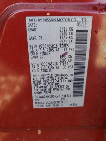 5N1AR2MN1FC677461 - 2015 NISSAN PATHFINDER S წითელი ფოტო 10