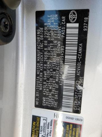 4T4BE46KX9R094583 - 2009 TOYOTA CAMRY BASE SILVER photo 12