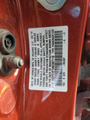 19XFC1F74KE007118 - 2019 HONDA CIVIC EXL Qırmızı foto 12