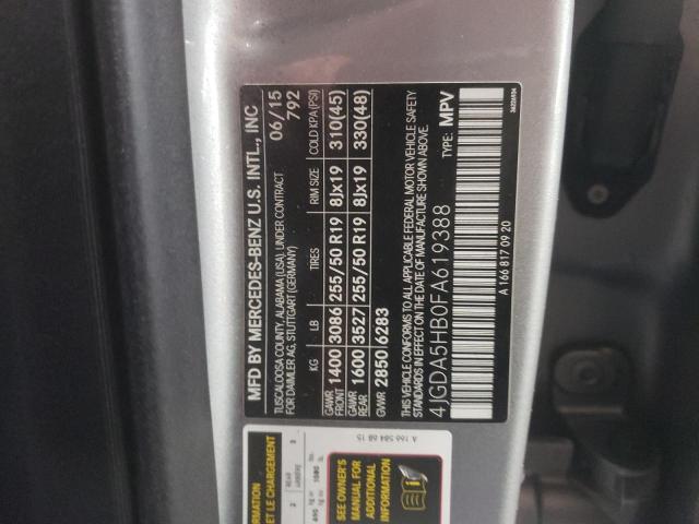 4JGDA5HB0FA619388 - 2015 MERCEDES-BENZ ML 350 4MATIC GRAY photo 12