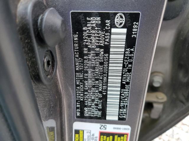 4T1B11HK0JU060156 - 2018 TOYOTA CAMRY L GRAY photo 12