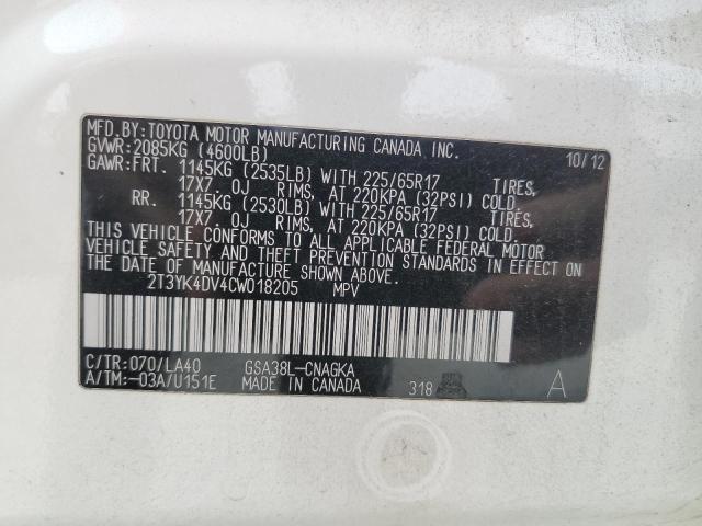 2T3YK4DV4CW018205 - 2012 TOYOTA RAV4 LIMITED WHITE photo 12