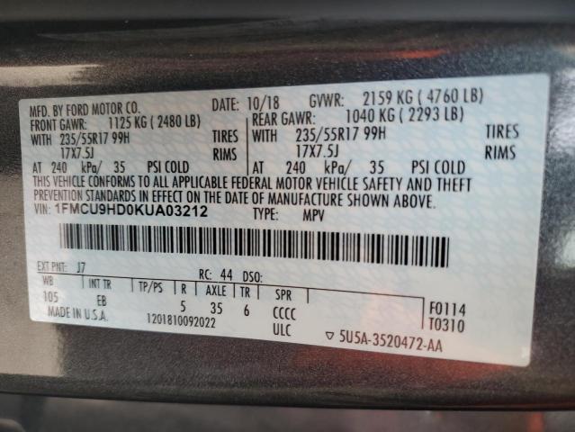 1FMCU9HD0KUA03212 - 2019 FORD ESCAPE SEL GRAY photo 13