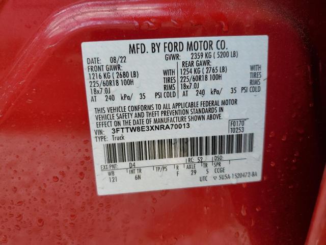 3FTTW8E3XNRA70013 - 2022 FORD MAVERICK XL RED photo 13