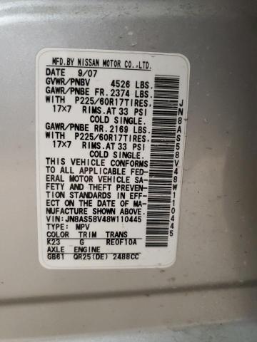 JN8AS58V48W110445 - 2008 NISSAN ROGUE S SILVER photo 13