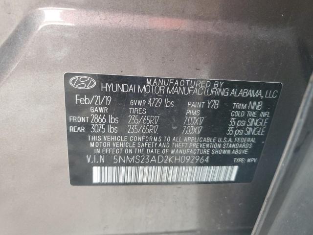 5NMS23AD2KH092964 - 2019 HYUNDAI SANTA FE SE BROWN photo 12