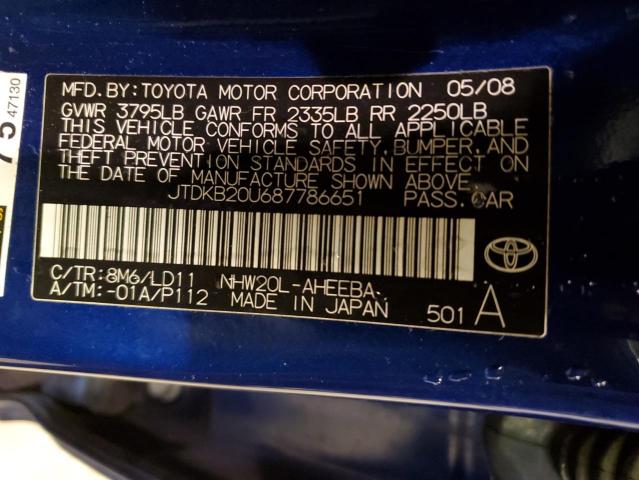 JTDKB20U687786651 - 2008 TOYOTA PRIUS BLUE photo 12