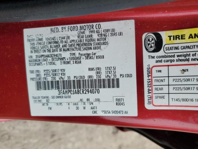 3FAHP0JA8CR294070 - 2012 FORD FUSION SEL RED photo 12