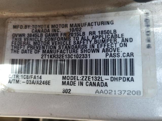 2T1KR32E13C102331 - 2003 TOYOTA COROLLA MA XR SILVER photo 12