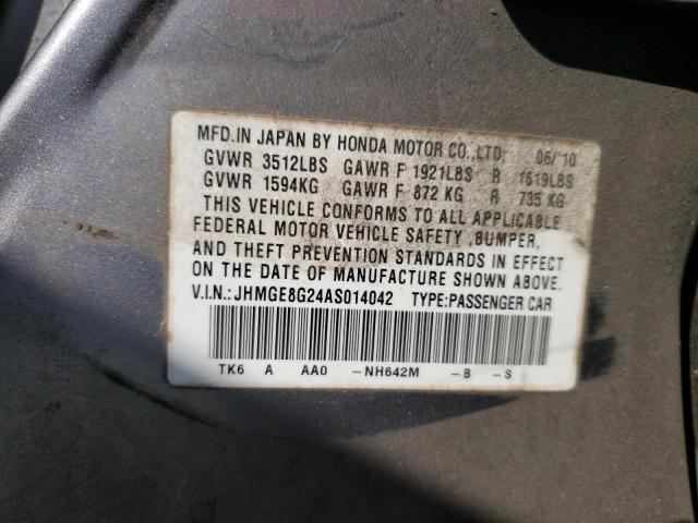 JHMGE8G24AS014042 - 2010 HONDA FIT SILVER photo 12