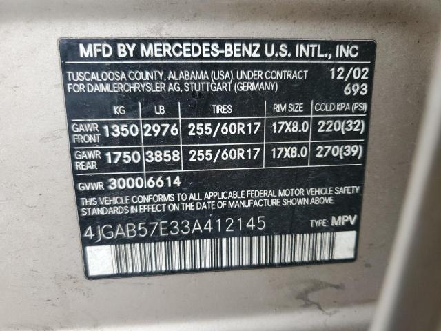 4JGAB57E33A412145 - 2003 MERCEDES-BENZ ML 350 TAN photo 13