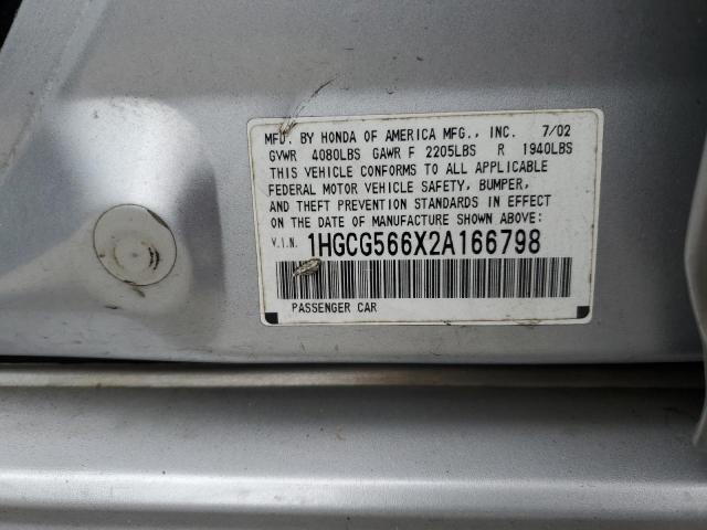 1HGCG566X2A166798 - 2002 HONDA ACCORD EX SILVER photo 12