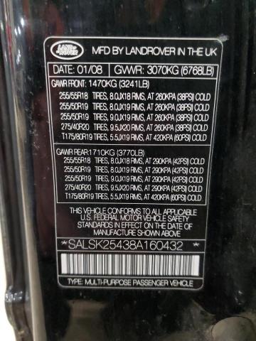 SALSK25438A160432 - 2008 LAND ROVER RANGE ROVE HSE BLACK photo 13