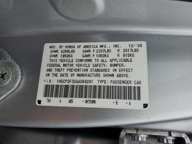 1HGCP2F32AA069291 - 2010 HONDA ACCORD LX SILVER photo 12