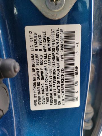 19XFB2F53CE034335 - 2012 HONDA CIVIC LX ლურჯი ფოტო 12