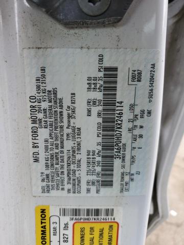 3FA6P0HD7KR246114 - 2019 FORD FUSION SE WHITE photo 12