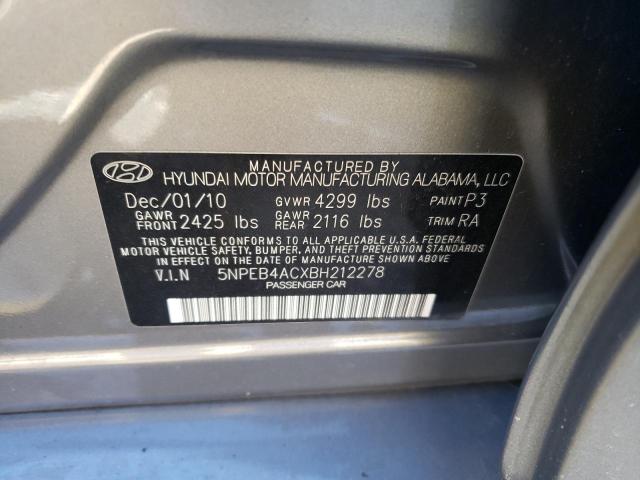 5NPEB4ACXBH212278 - 2011 HYUNDAI SONATA GLS GRAY photo 12