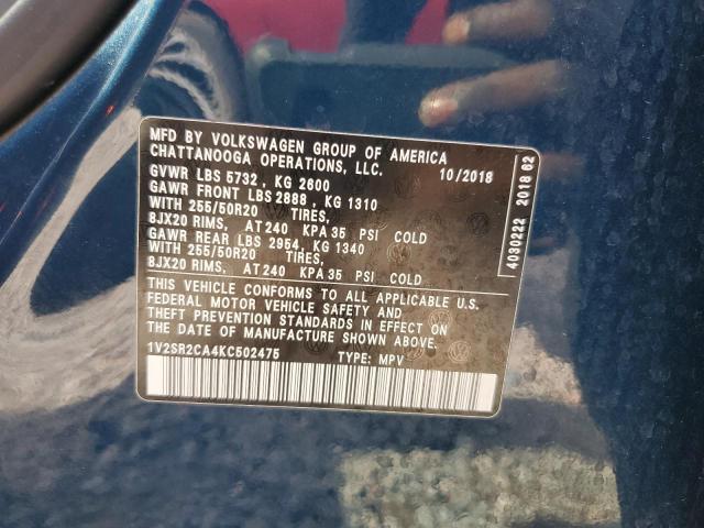 1V2SR2CA4KC502475 - 2019 VOLKSWAGEN ATLAS SEL BLUE photo 13