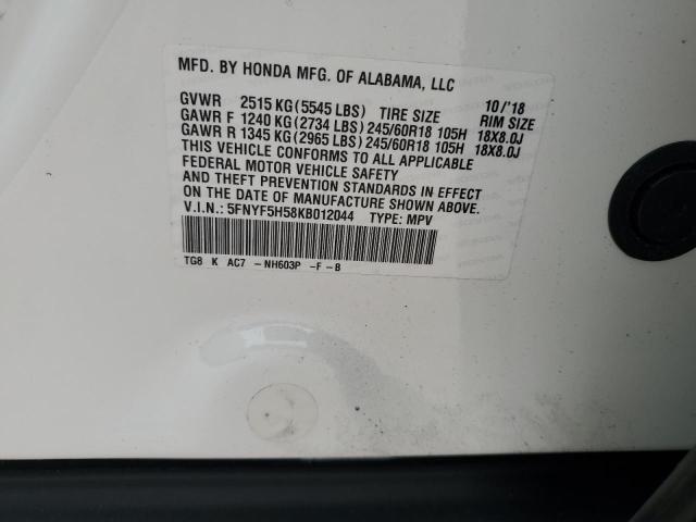 5FNYF5H58KB012044 - 2019 HONDA PILOT EXL WHITE photo 12