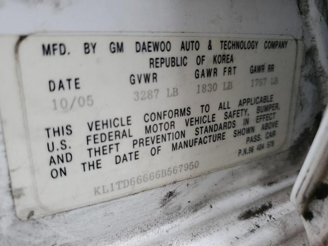 KL1TD66666B567950 - 2006 CHEVROLET AVEO BASE Ağ foto 12