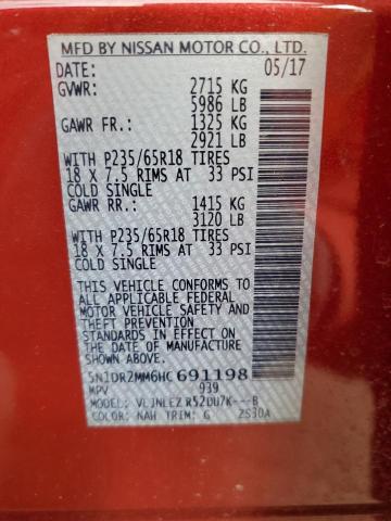 5N1DR2MM6HC691198 - 2017 NISSAN PATHFINDER S 红色 照片 13