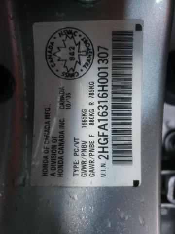 2HGFA16316H001307 - 2006 HONDA CIVIC DX VP SILVER photo 12