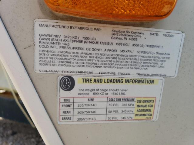 4YDT29K218B452207 - 2008 KEYSTONE OUTBACK WHITE photo 10