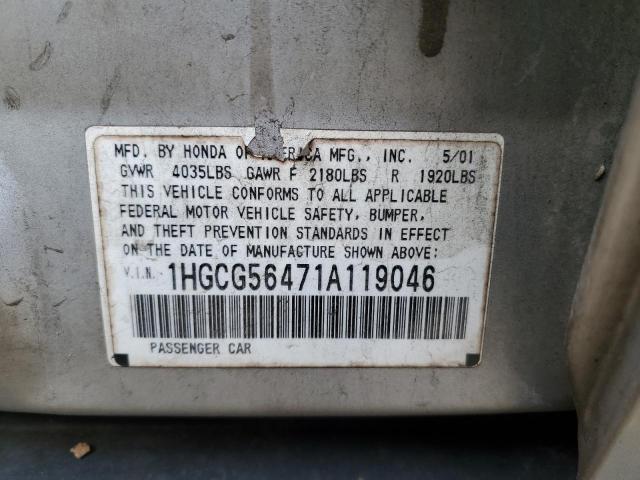 1HGCG56471A119046 - 2001 HONDA ACCORD LX GRAY photo 12