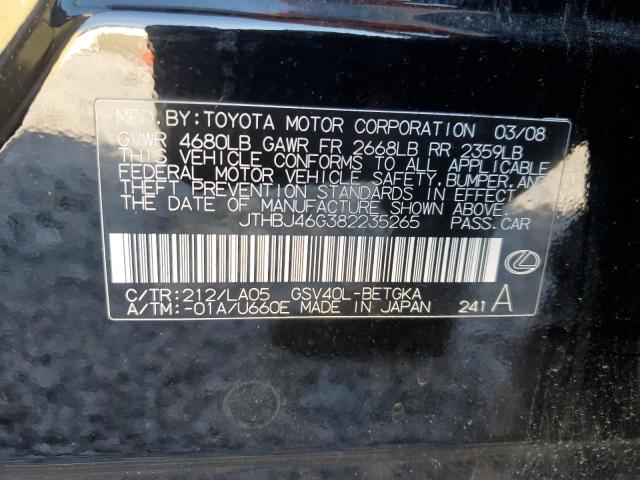 JTHBJ46G382235265 - 2008 LEXUS ES 350 BLACK photo 12