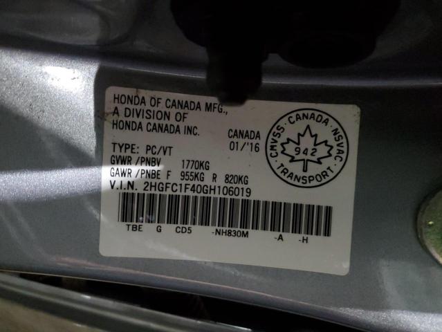 2HGFC1F40GH106019 - 2016 HONDA CIVIC EX GRAY photo 13